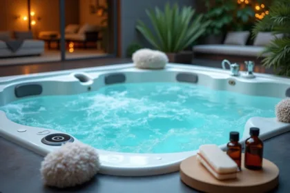 Accessoires variés autour d'un spa, incluant des coussins et un thermomètre