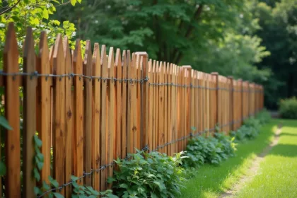 Clôture ganivelle en bois dans un jardin résistant au vent et intempéries