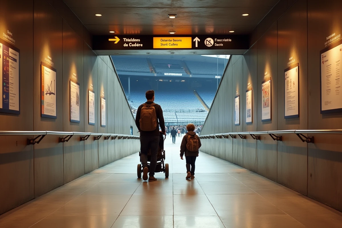 Entrée accessible d'une grande salle de concert parisienne avec rampe d'accès et signalétique familiale claire