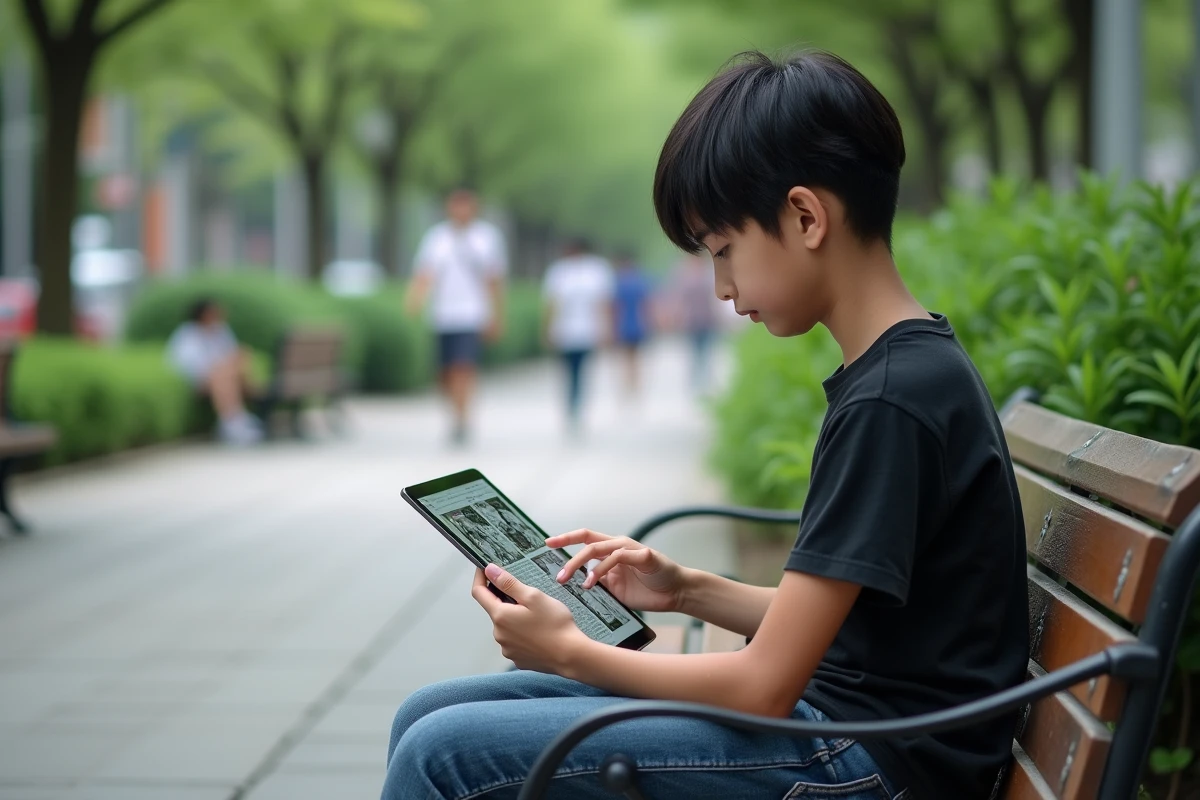 Adolescent lisant manga sur une tablette dans un parc urbain