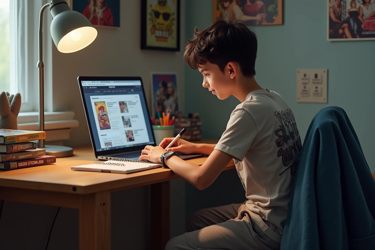 Adolescent concentré écrivant notes avec manga à côté dans sa chambre