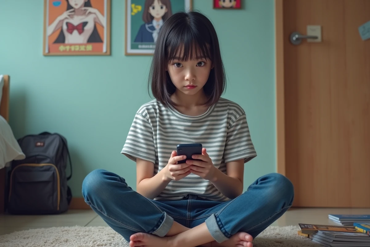 Adolescente consultant un site de scans de mangas sur smartphone dans sa chambre avec une expression préoccupée