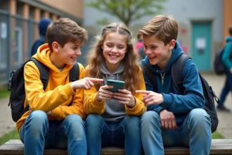 Trois adolescents dans une cour de récréation regardant un contenu viral sur un smartphone en riant