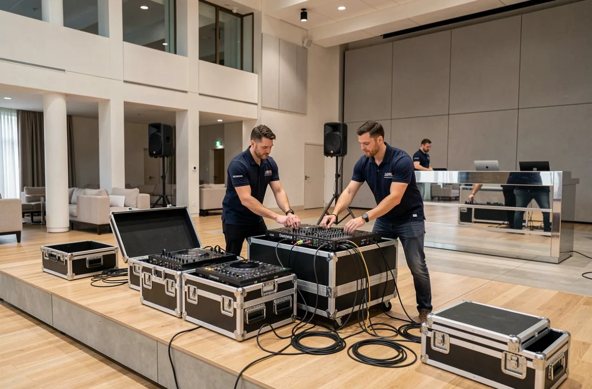 Équipe de l'Agence Music Call préparant une prestation DJ clé en main dans une salle événementielle en Nouvelle-Aquitaine