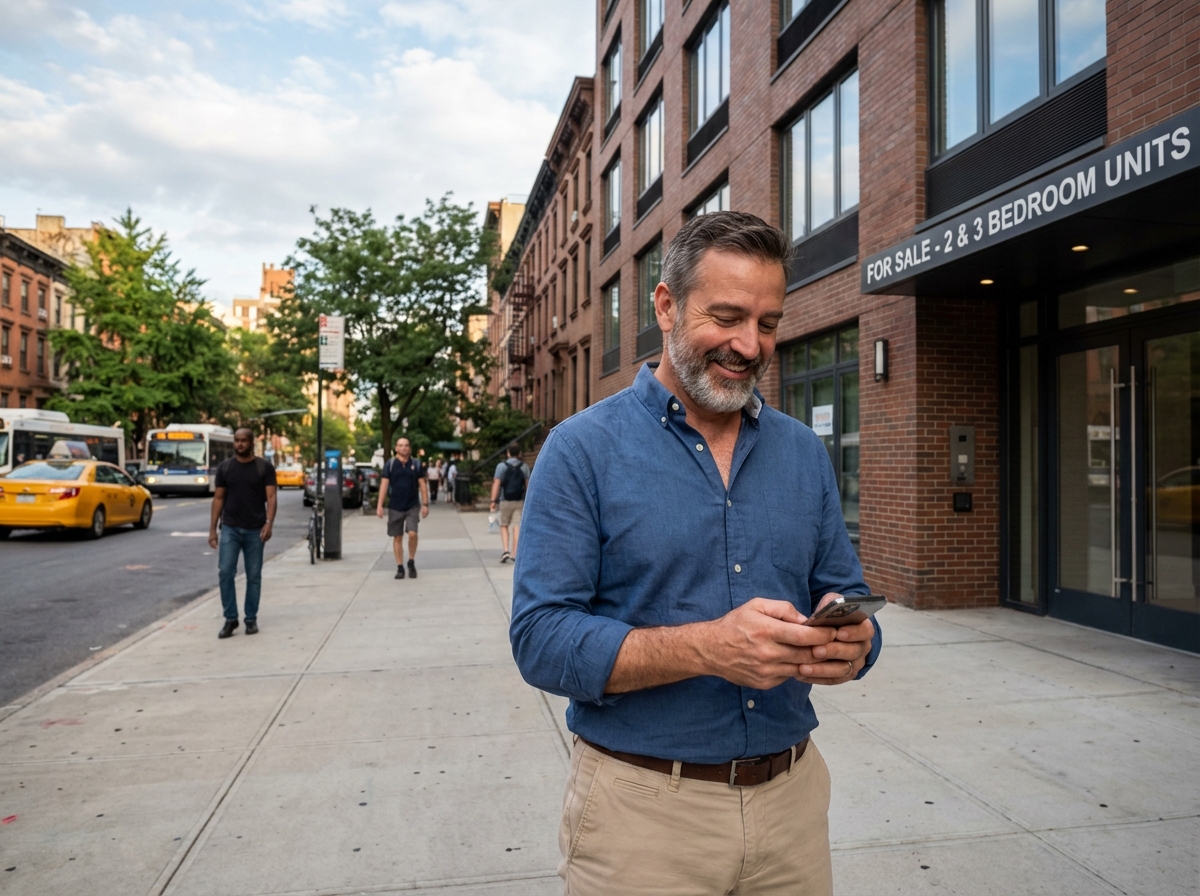 Agent immobilier souriant devant un immeuble en ville