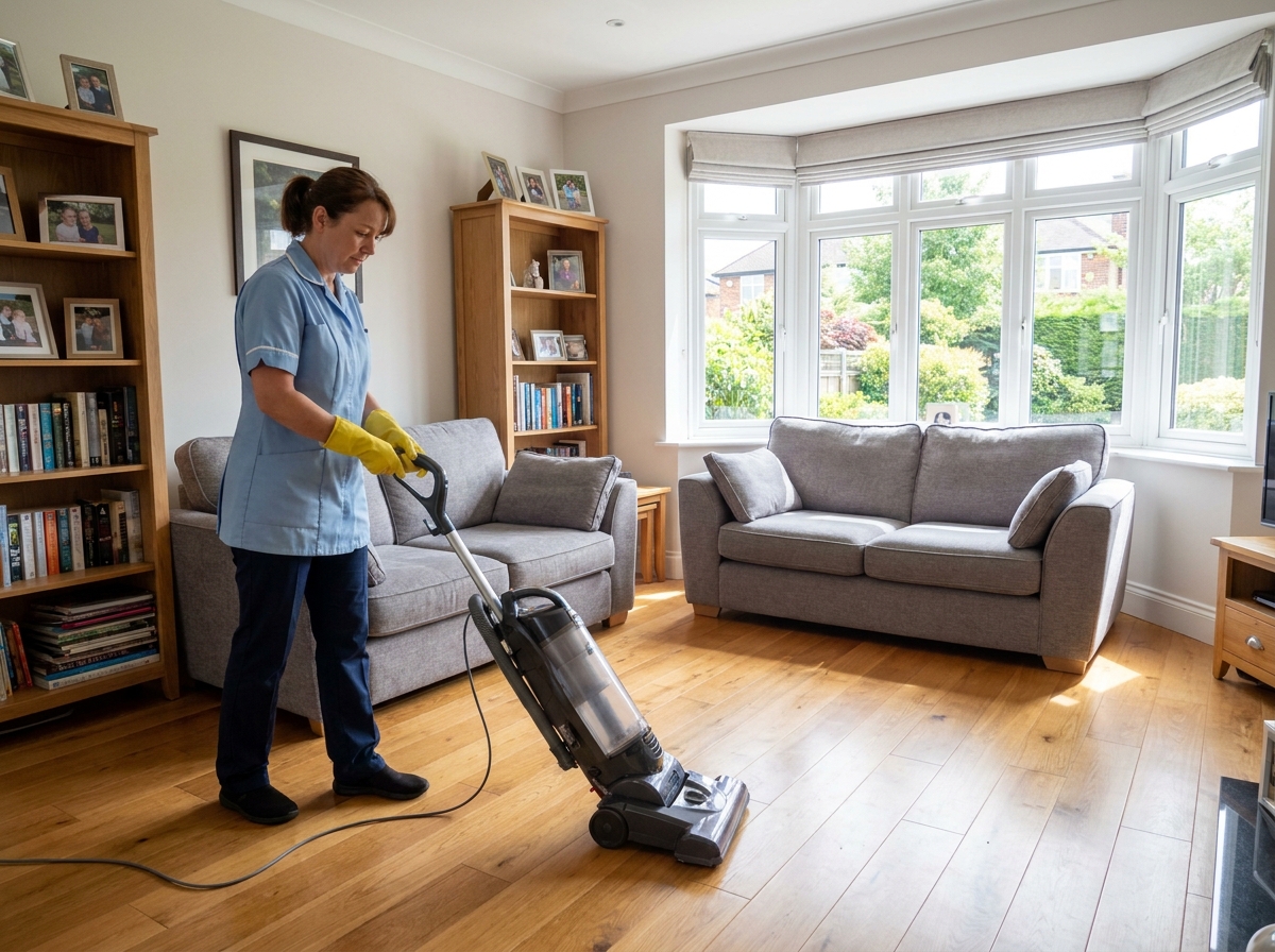 Aide ménagère professionnelle en train de passer l'aspirateur dans un salon moderne et bien rangé