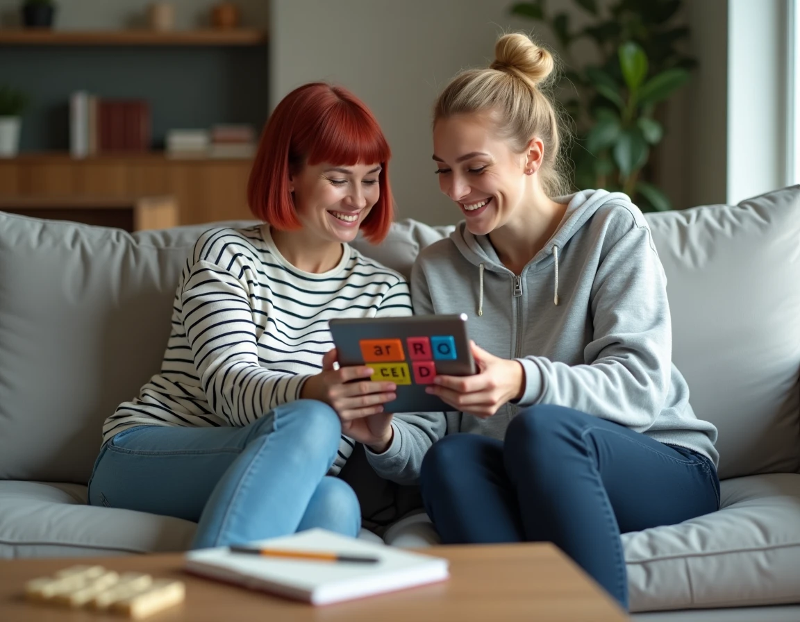 Deux amies jouant ensemble à un jeu de devinettes de mots sur tablette dans un salon moderne, ambiance conviviale autour de Wordle et Cémantix