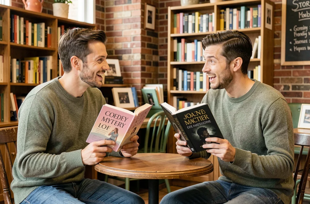 Deux amis comparant un roman cozy crime et un polar classique dans un café librairie indépendant