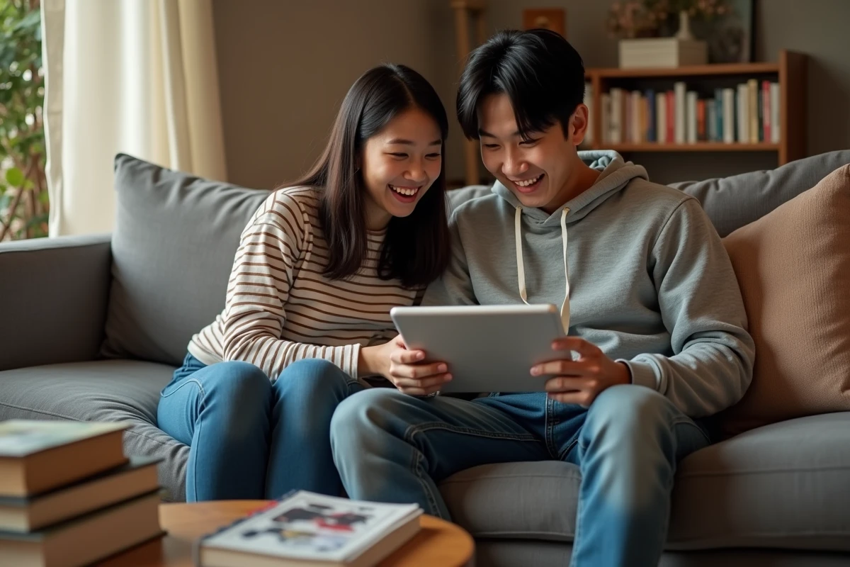 Deux amis lisant ensemble un scan de manhwa Just Friends sur tablette dans un salon
