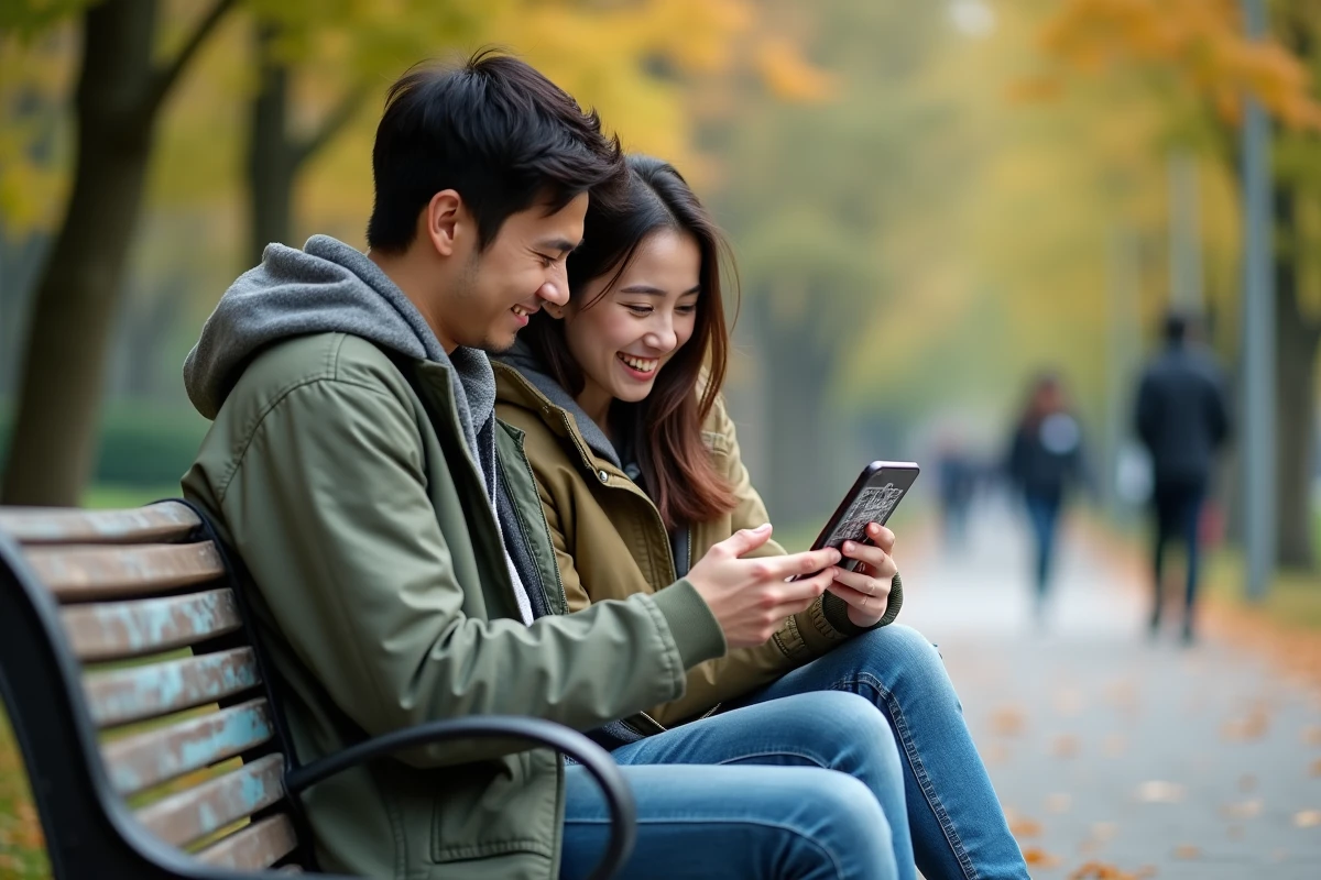 Deux amis lisant le scan One Piece sur un smartphone dans un parc urbain en automne