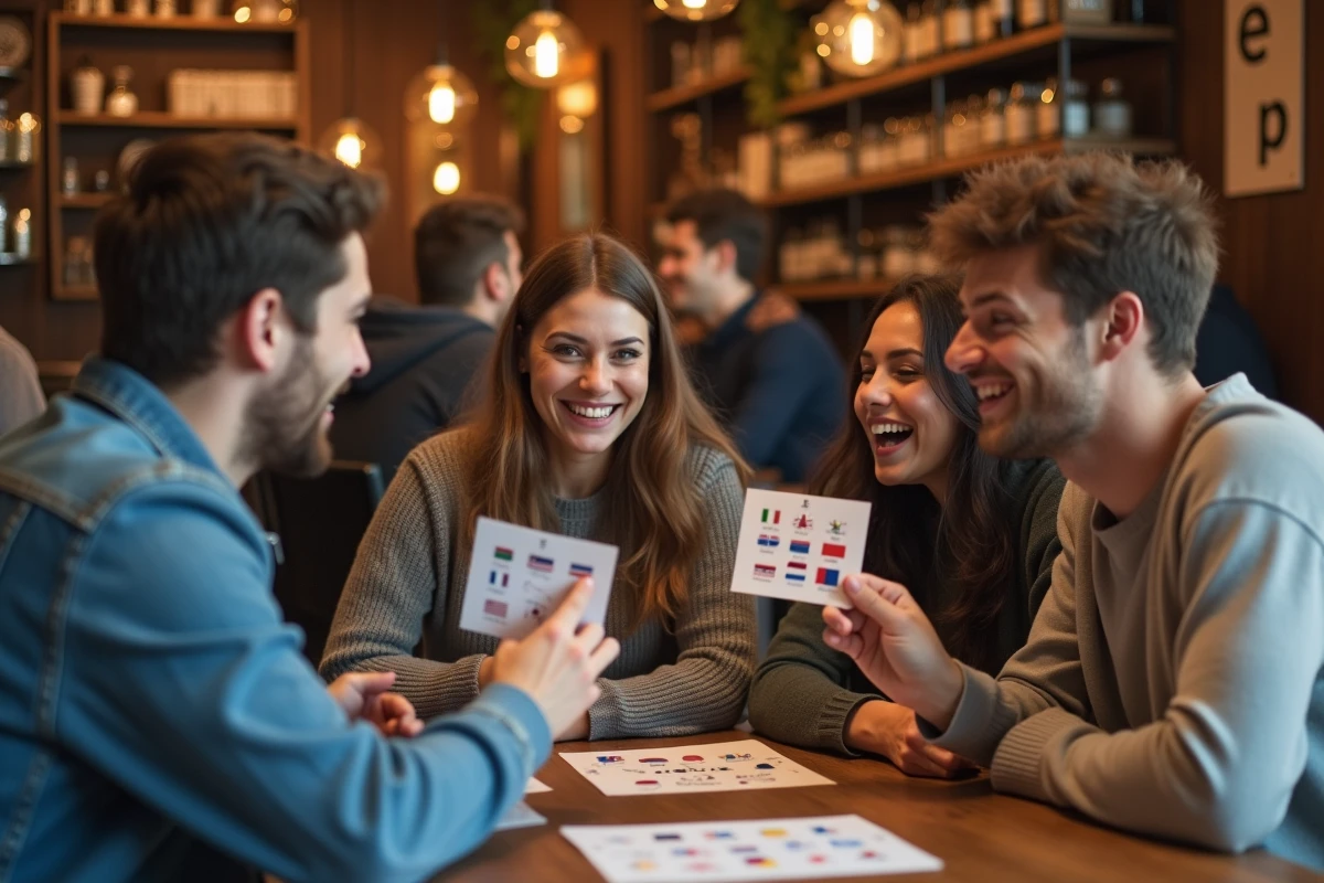 Groupe d'amis participant à un quiz sur les capitales du monde dans un café