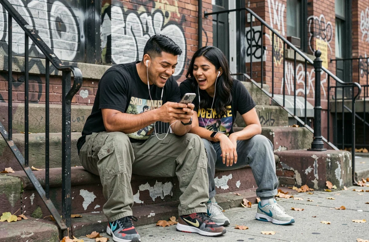 Deux amis dans la rue écoutant un banger rap sur smartphone, culture hip-hop urbaine