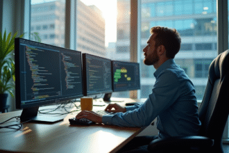 Professionnel informatique analysant des écrans en bureau lumineux