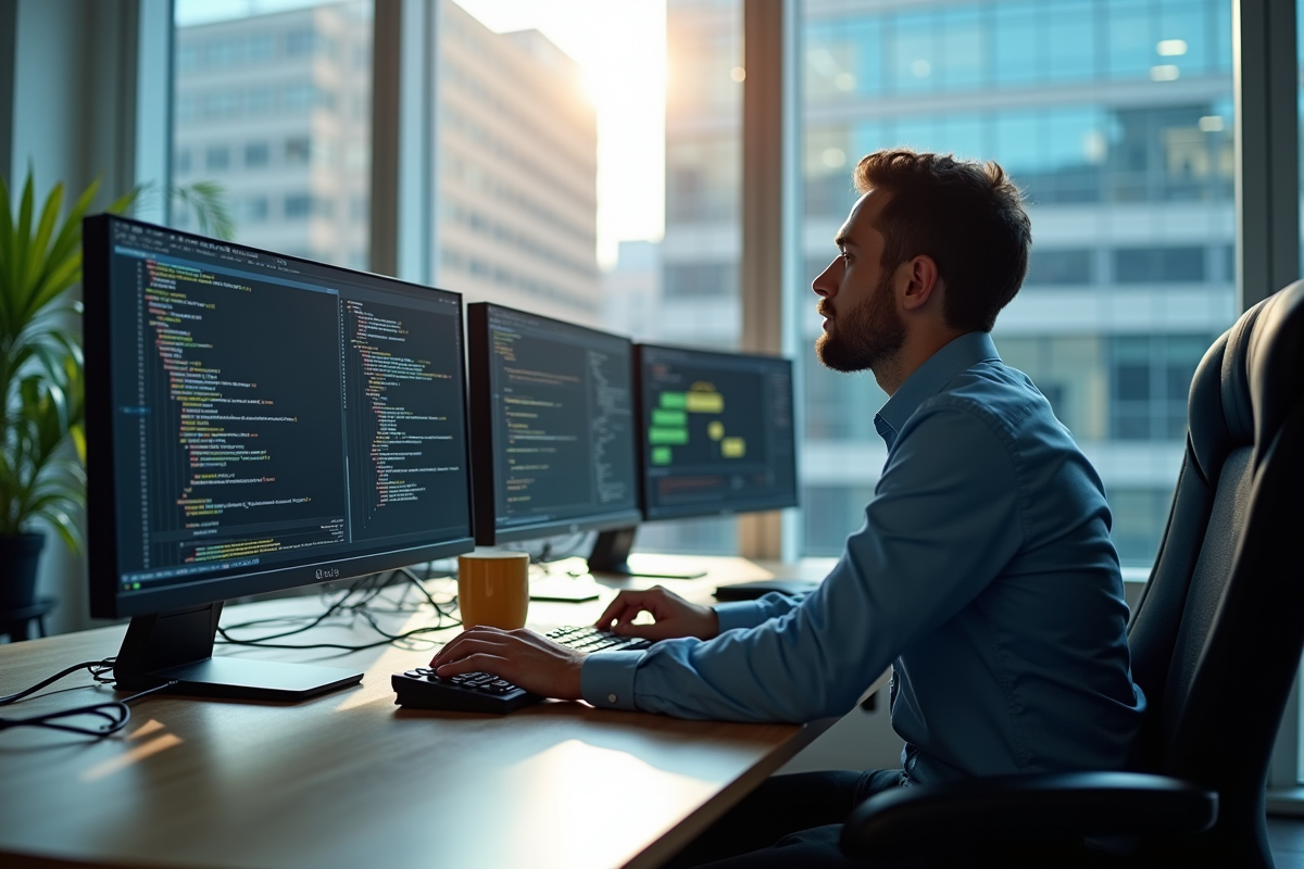Professionnel informatique analysant des écrans en bureau lumineux
