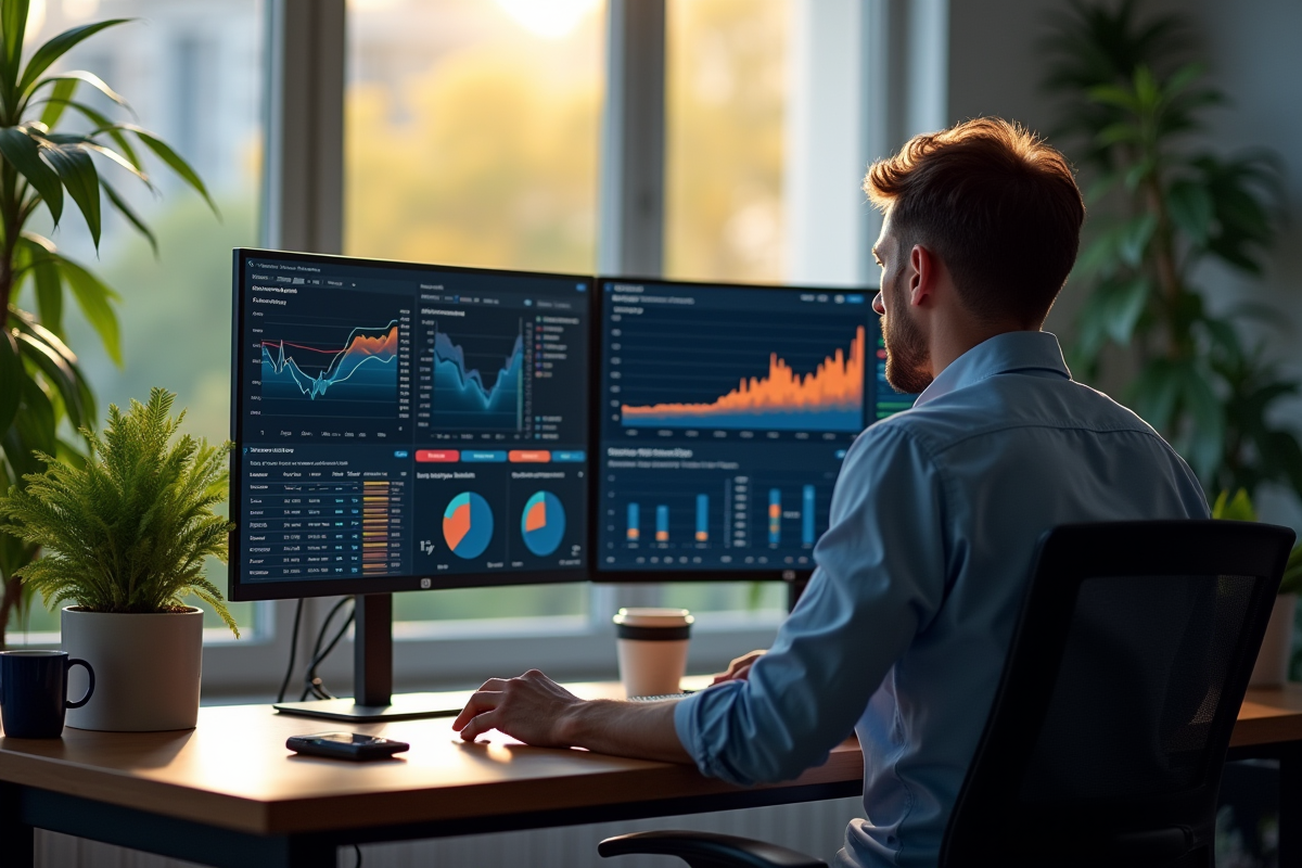 Analyste concentré travaillant sur deux écrans avec visualisations de données