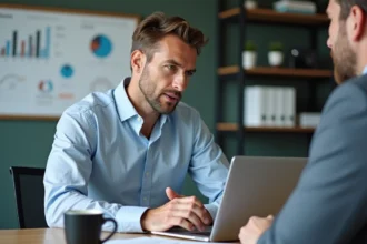 Homme expliquant des analyses de site web en bureau moderne