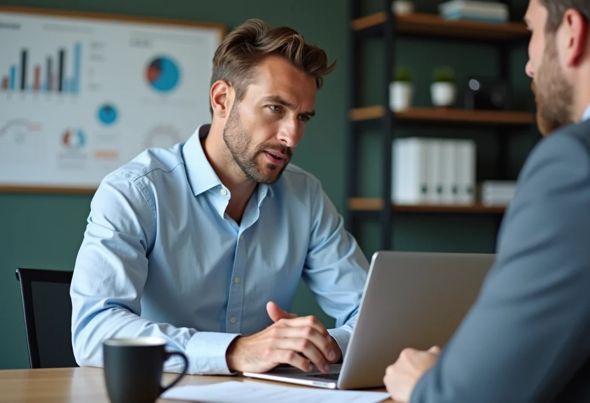 Homme expliquant des analyses de site web en bureau moderne