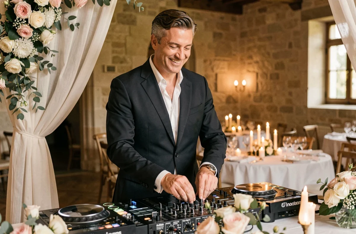 Animarty DJ Bordeaux, spécialiste de l'animation de mariage, souriant derrière ses platines décorées dans un château bordelais