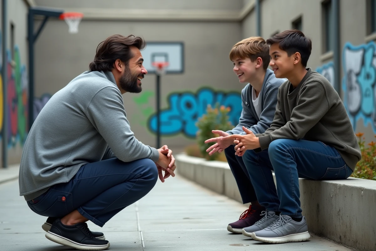 Animateur jeunesse en discussion informelle avec deux adolescents assis sur un muret dans une cour urbaine extérieure