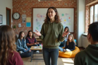 Animatrice jeunesse debout face à un groupe d'adolescents dans un centre communautaire, animant une activité interactive avec enthousiasme