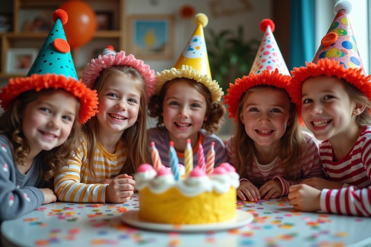 Groupe d'enfants joyeux lors d'un anniversaire avec costumes de clown