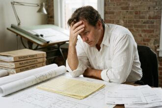 Architecte stressé penché sur des plans de construction et des factures sur un bureau encombré, illustrant les dépassements de budget dans une construction neuve