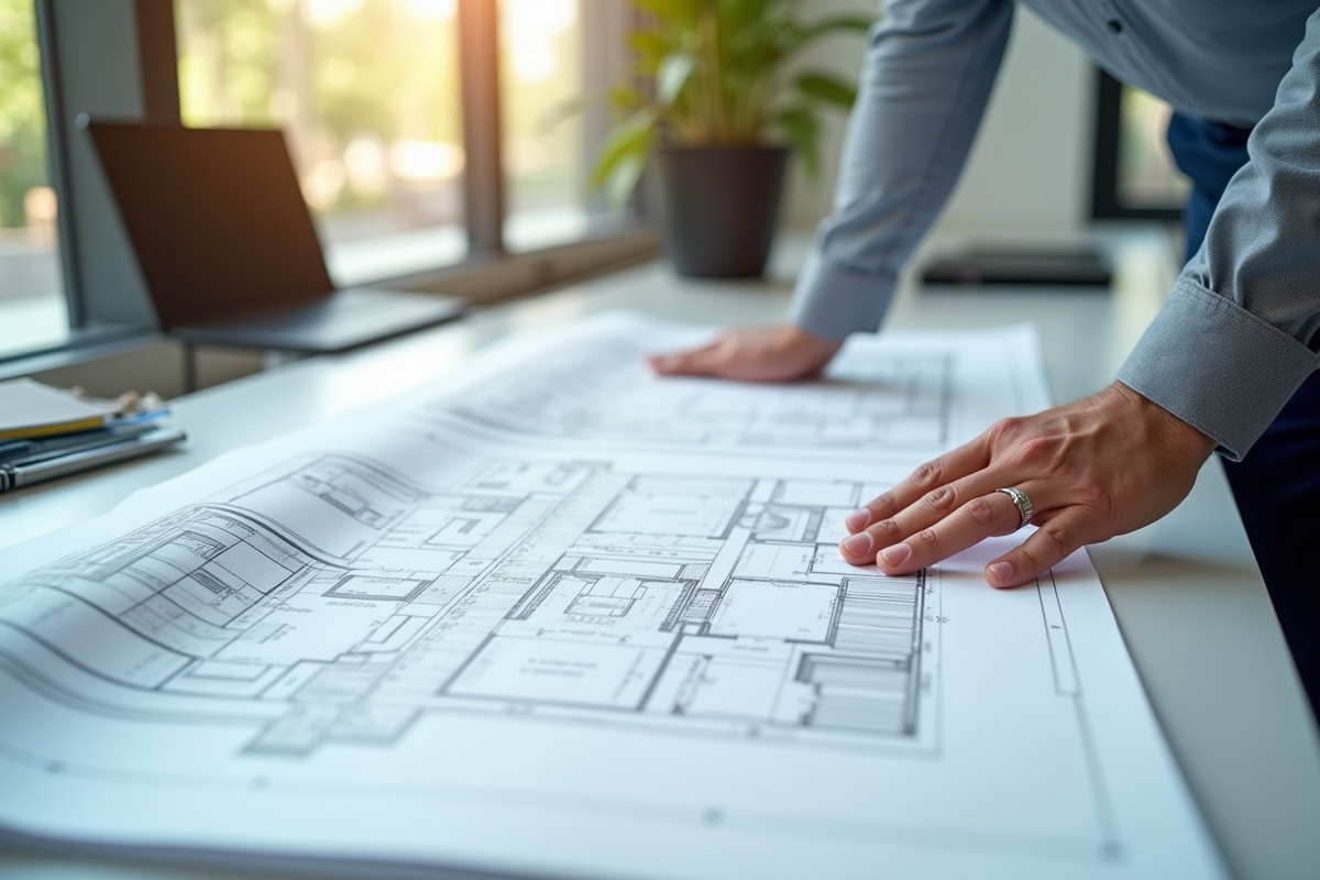Architecte examinant plans techniques sur bureau lumineux
