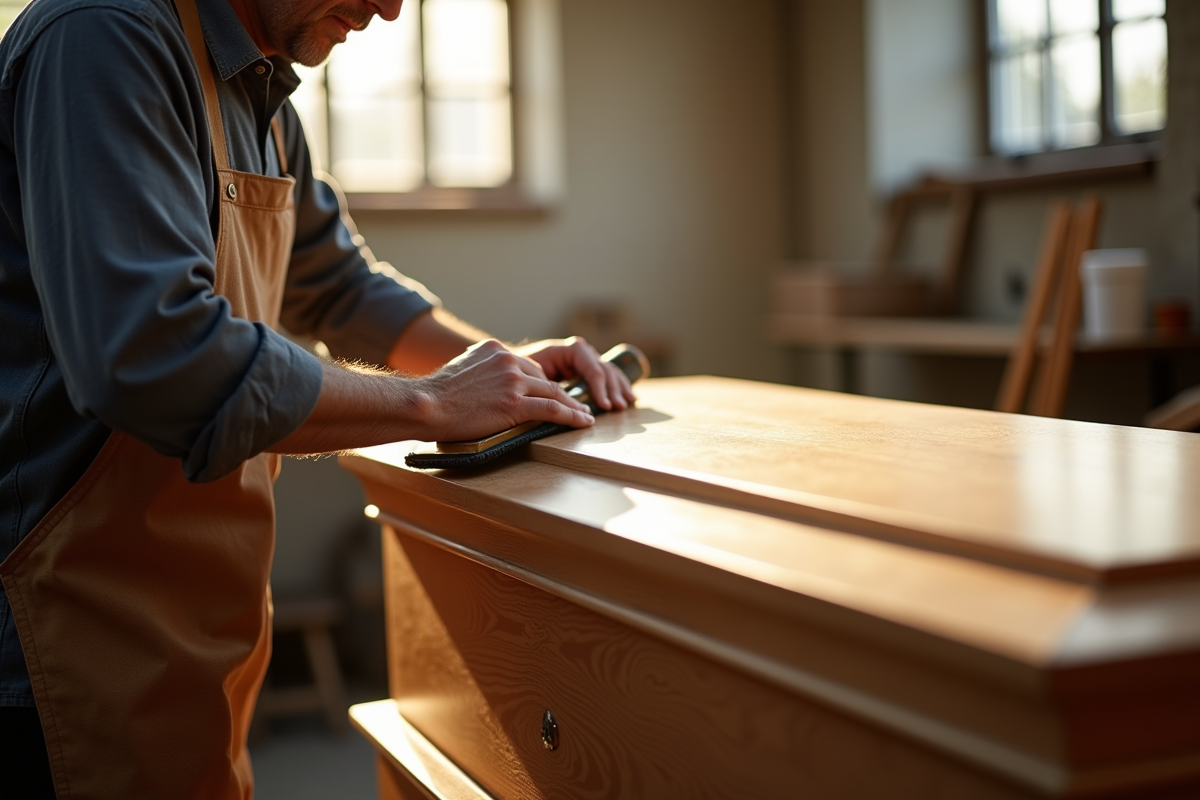 Artisan polissant un cercueil en bois dans l'atelier lumineux