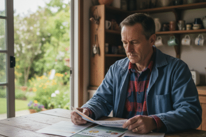 Artisan homme examine brochures d'assurance santé dans sa cuisine