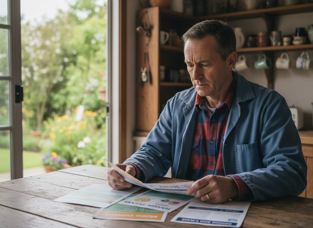 Artisan homme examine brochures d'assurance santé dans sa cuisine
