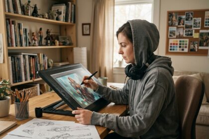 Jeune femme artiste travaillant sur un concept art de personnage fantasy sur tablette graphique dans un studio à domicile