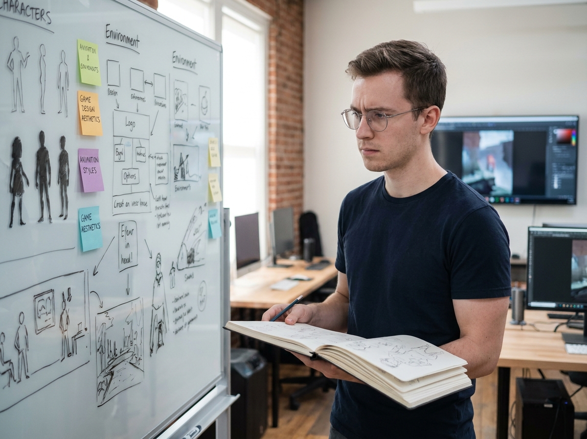 Jeune artiste masculin debout devant un tableau blanc couvert de croquis de concept art comparant jeu vidéo et animation