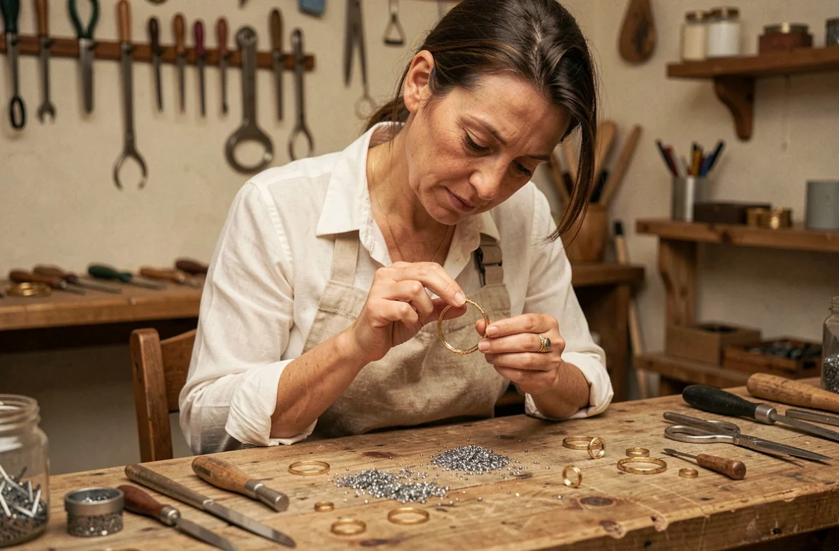 Artisane bijoutière examinant une bague artisanale en or dans l'atelier Arts et Bijoux