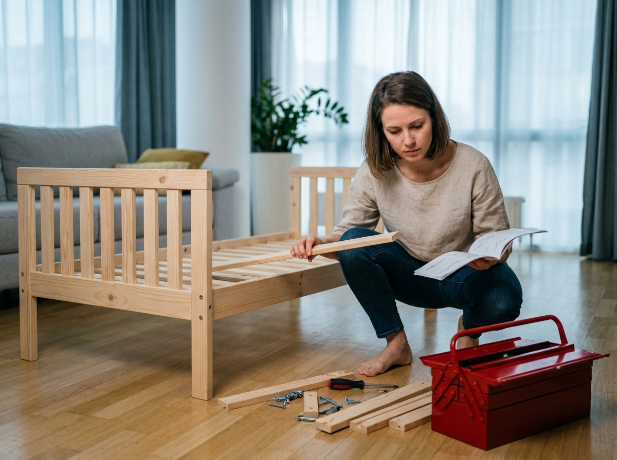Mère assemblant un lit évolutif pour enfant sur le parquet d'un appartement lors d'un déménagement