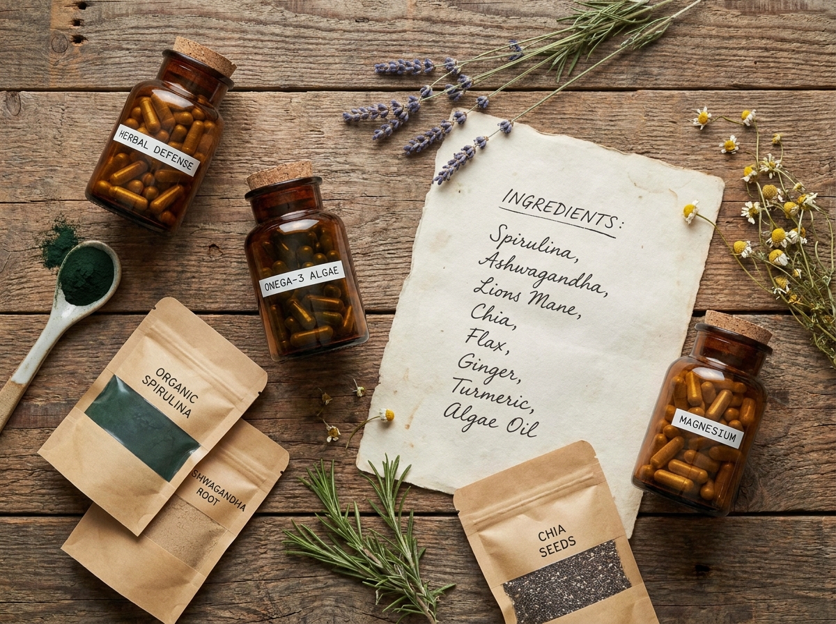 Assortiment de compléments bio et vegan posés à plat sur du bois brut avec des herbes séchées et de la poudre de spiruline