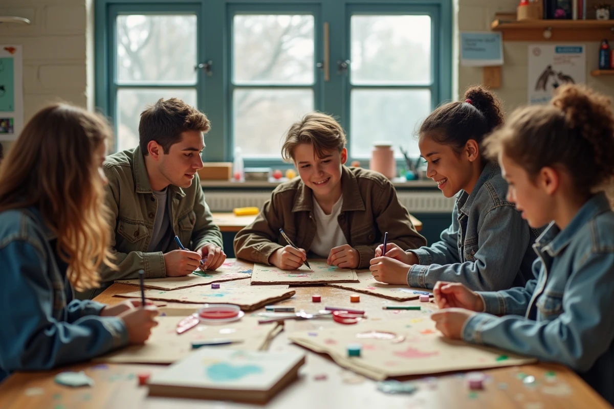 Groupe d'adolescents collaborant sur un atelier créatif autour d'une table dans une salle d'art scolaire