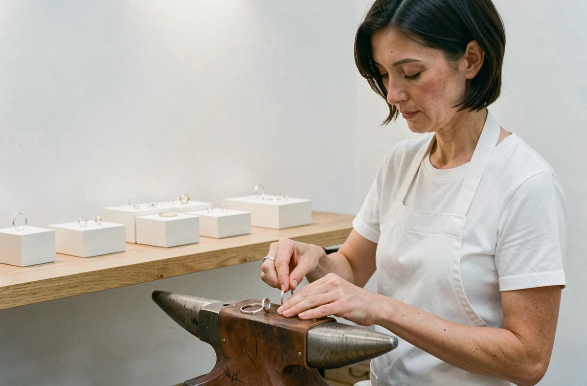 Bijoutière de L'Atelier d'Ode martelant un bracelet en argent dans son atelier contemporain