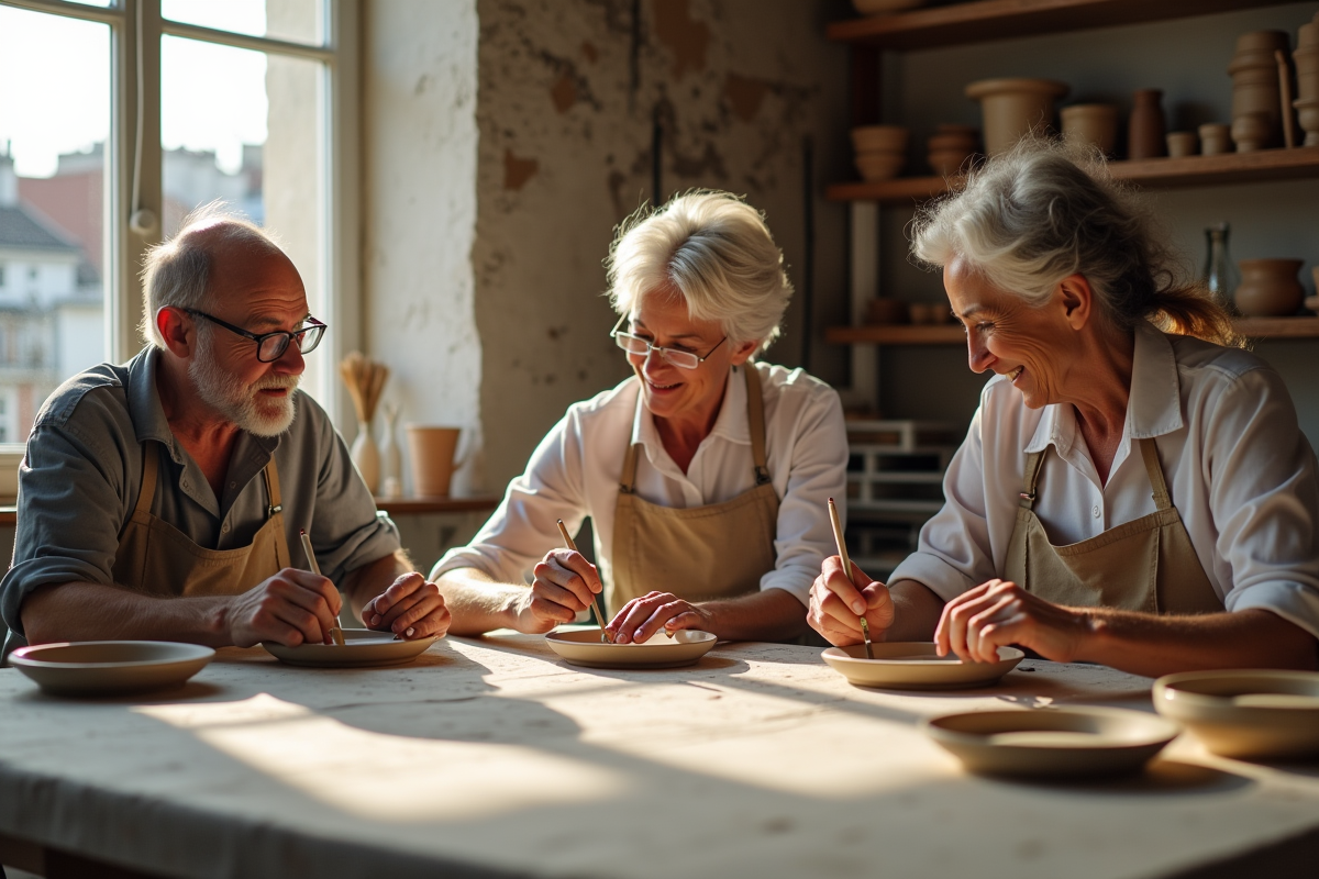 Groupe de personnes peignant des céramiques dans un atelier lumineux