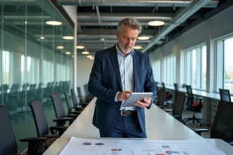 Auditeur energie professionnel examine des données sur une tablette dans un bureau moderne
