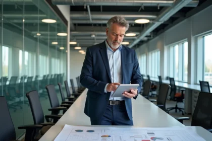 Auditeur energie professionnel examine des données sur une tablette dans un bureau moderne