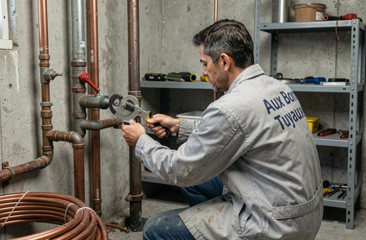 Plombier d'Aux Bons Tuyaux SARL travaillant sur des tuyaux en cuivre dans une chaufferie