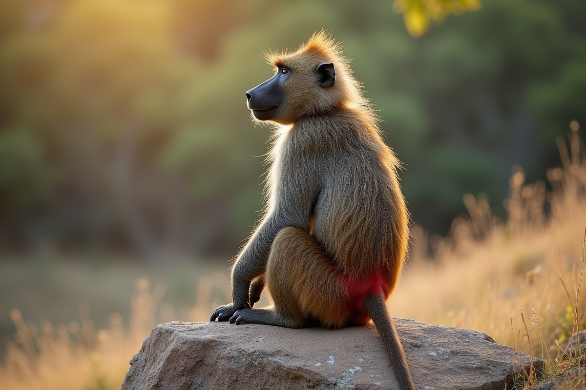Babouin assis sur un rocher avec postérieur rouge en lumière naturelle