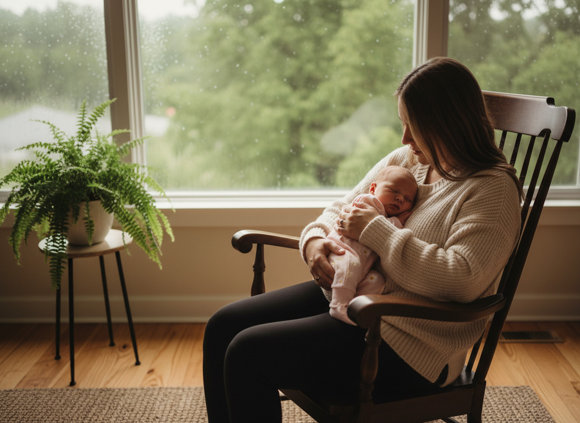Bébé fille endormie dans les bras de sa mère dans un cadre chaleureux