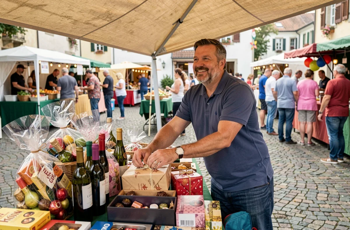 Bénévole arrangeant les lots d'une tombola sur une table de kermesse lors d'une fête associative en plein air