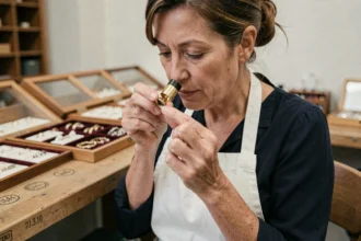 Bijoutière examinant un poinçon sur une bague en or avec une loupe dans son atelier