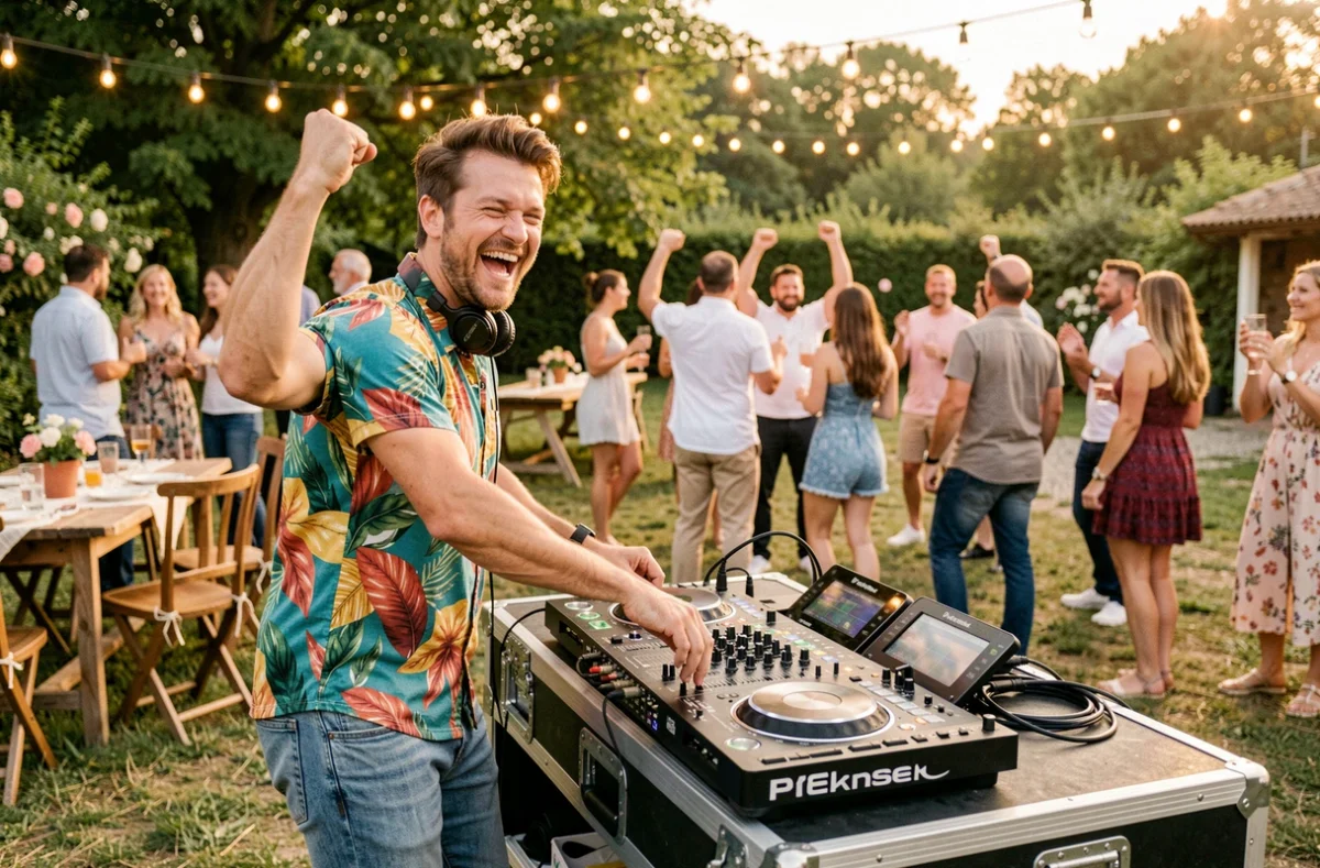 Boule, DJ festif et généraliste de Gironde, souriant derrière ses platines lors d'une fête en plein air