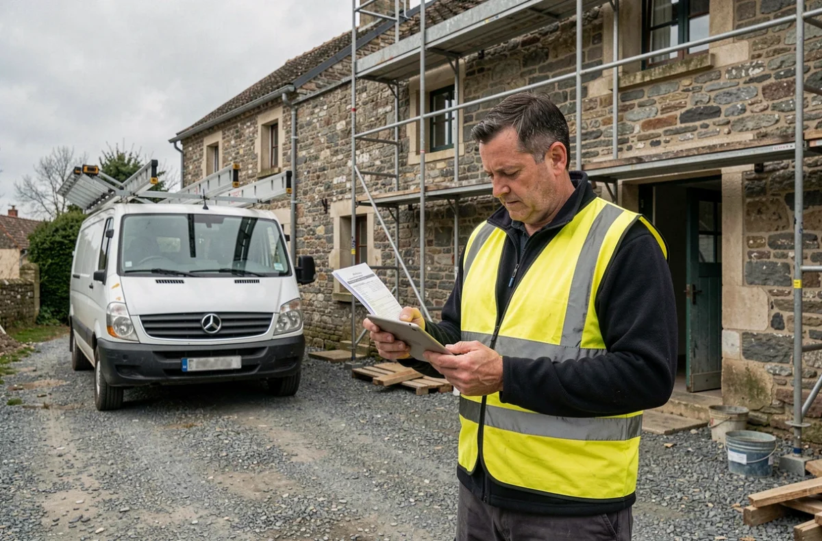 Professionnel du bâtiment consultant un devis sur tablette devant un chantier résidentiel en Mayenne