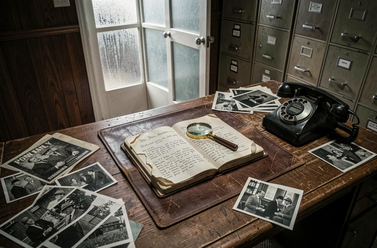 Bureau de détective vintage avec cahier de notes, loupe et roman policier classique dans une atmosphère noir
