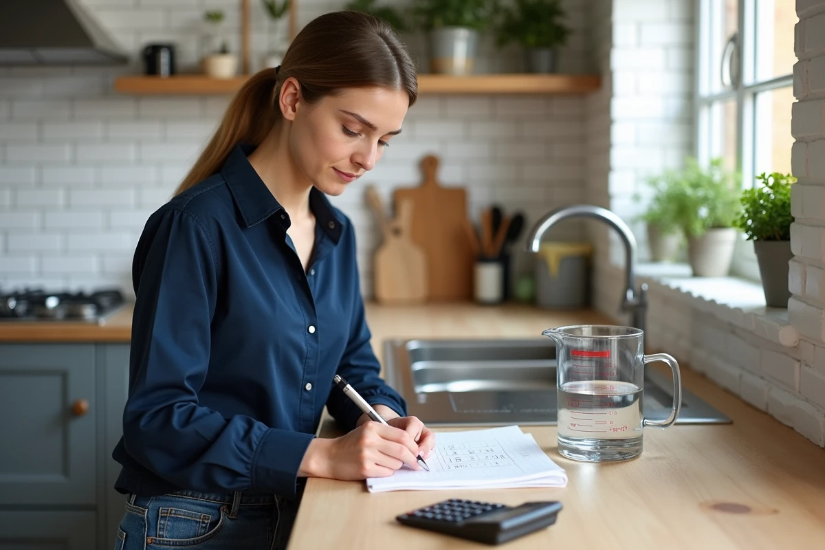 Femme planifiant des travaux à domicile avec des calculs de conversion de mètres cubes en litres dans un carnet à côté d'un verre doseur rempli d'eau