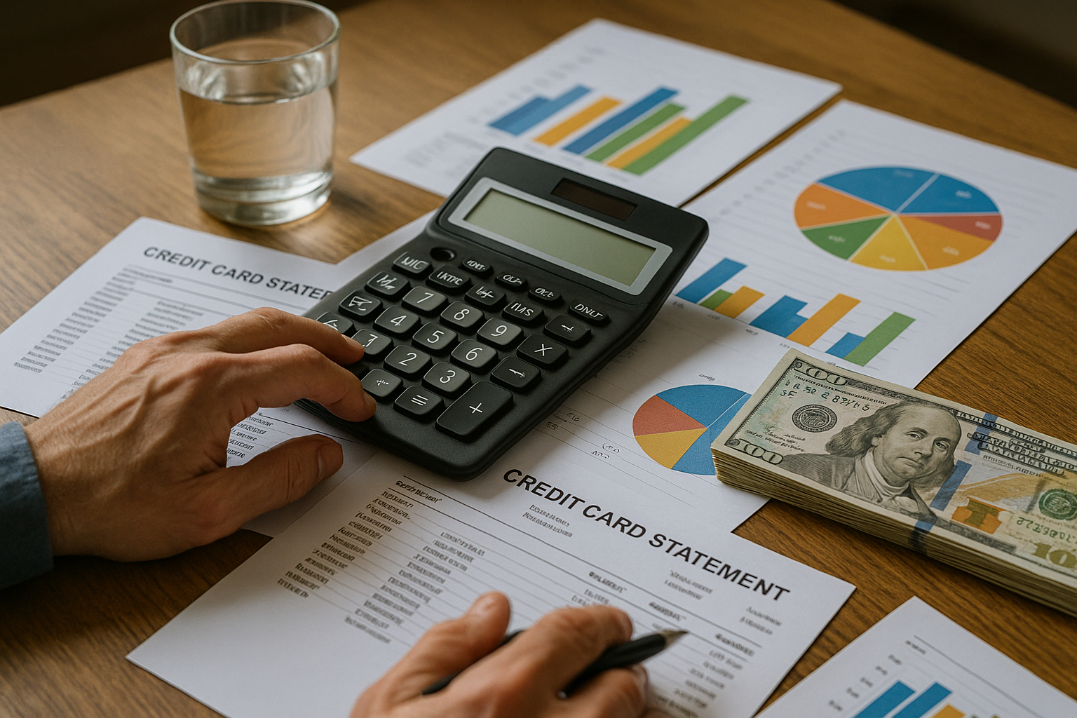 Mains utilisant une calculatrice avec des relevés et graphiques